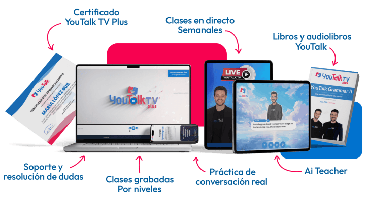 Todo lo que incluye YouTalk TV Plus: clases en directo y grabadas, certificado, libros y profesor con IA